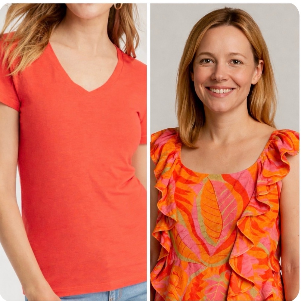 Coral V Neck Tee + Ruffle Floral Top Small Bundle